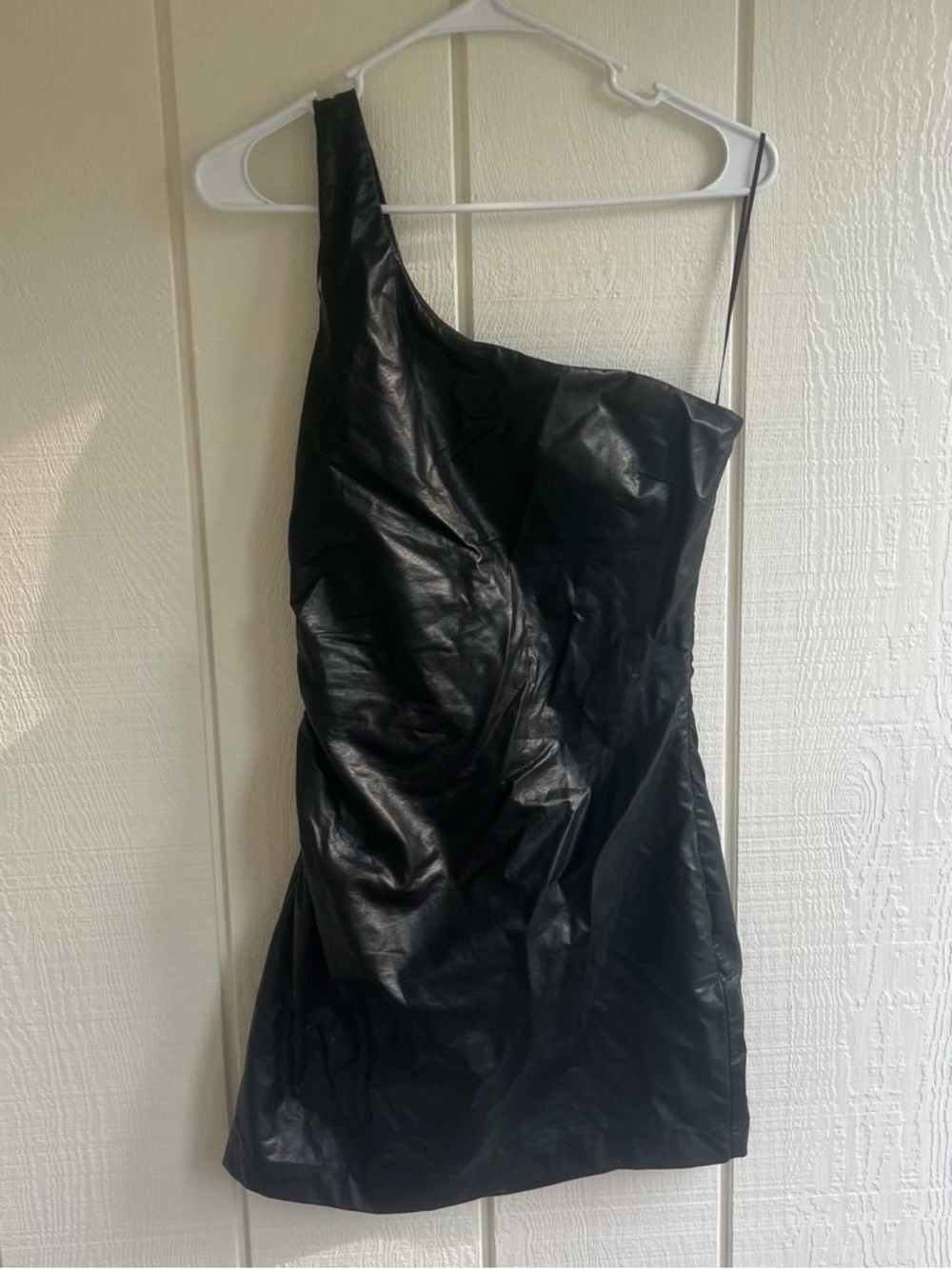 Cotton Candy Black One-Shoulder Faux Leather Mini Dress
